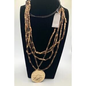 J. JILL Gold Tone Matte Medallion Rustic Brown Woody Necklace 26" NWT